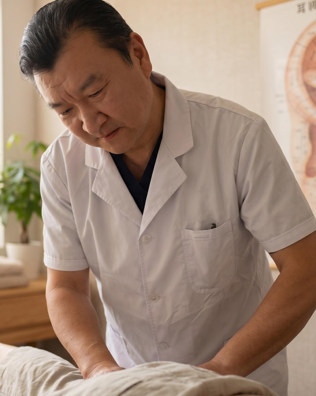 Haidong (Harry) Yu, Licensed Acupuncturist, leaning in to gently treat a patient in his Wantagh treatment room